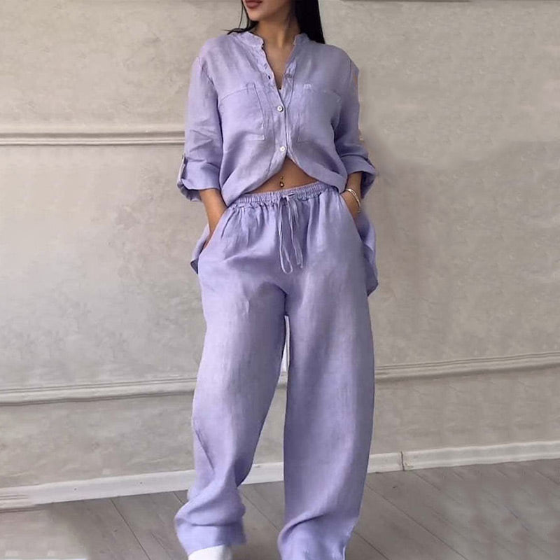 Stylish women's summer fashion set: relaxed fit button down shirt & wide leg pants for ultimate comfort.