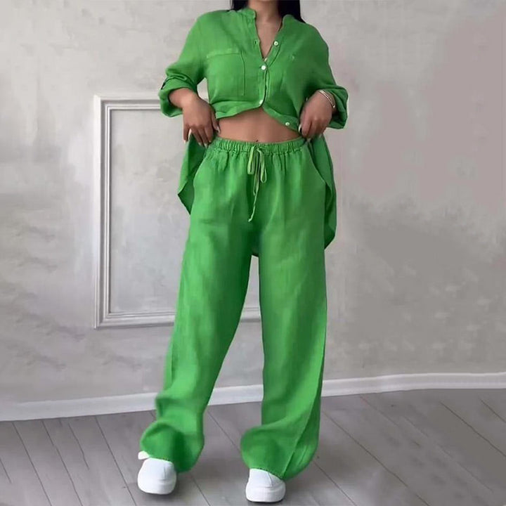 Women's casual relaxed fit button down shirt & wide leg pants set. Ideal comfortable two-piece outfit.