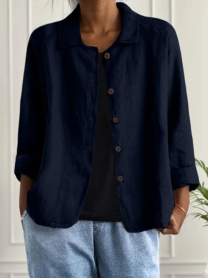 Spring women's relaxed fit casual top, button-front, collared, comfortable for versatile everyday style.