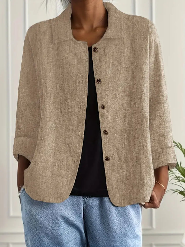 Comfortable women's relaxed fit button-front top, ideal for everyday casual wear and versatile outfits.