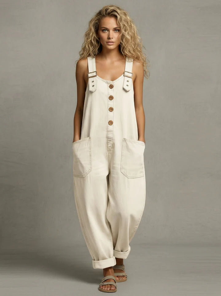 Model wearing women's relaxed fit button-front overalls, showcasing comfortable and versatile casual wear.