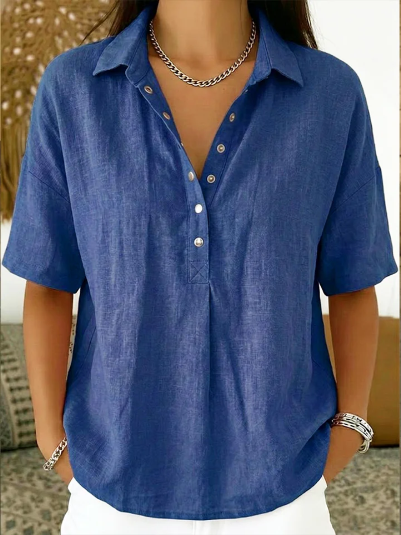 Versatile women's relaxed fit button-up collar shirt. A must-have casual top for any spring/summer outfit.