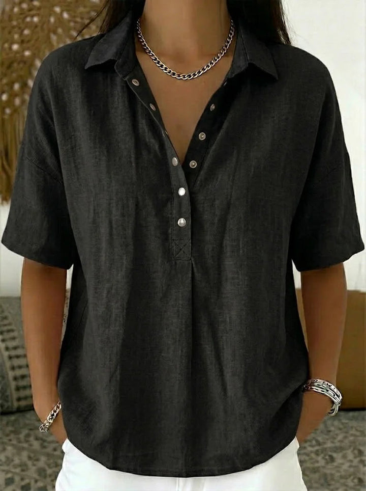 Women's relaxed fit button collar shirt. Comfortable and stylish casual top, perfect for spring/summer.