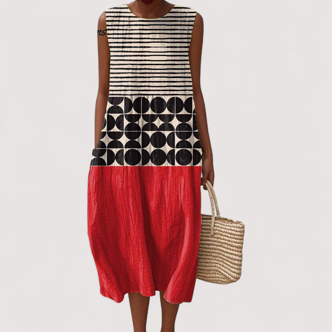 Women's relaxed fit color block midi dress, perfect for casual summer days & effortless style.