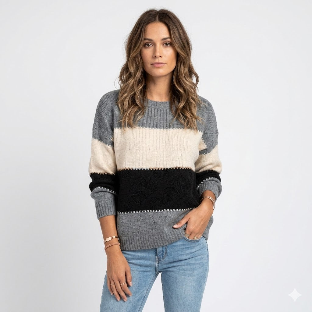 Women's relaxed fit crew neck sweater with ribbed cuffs. Ideal for cozy fall & winter everyday wear.