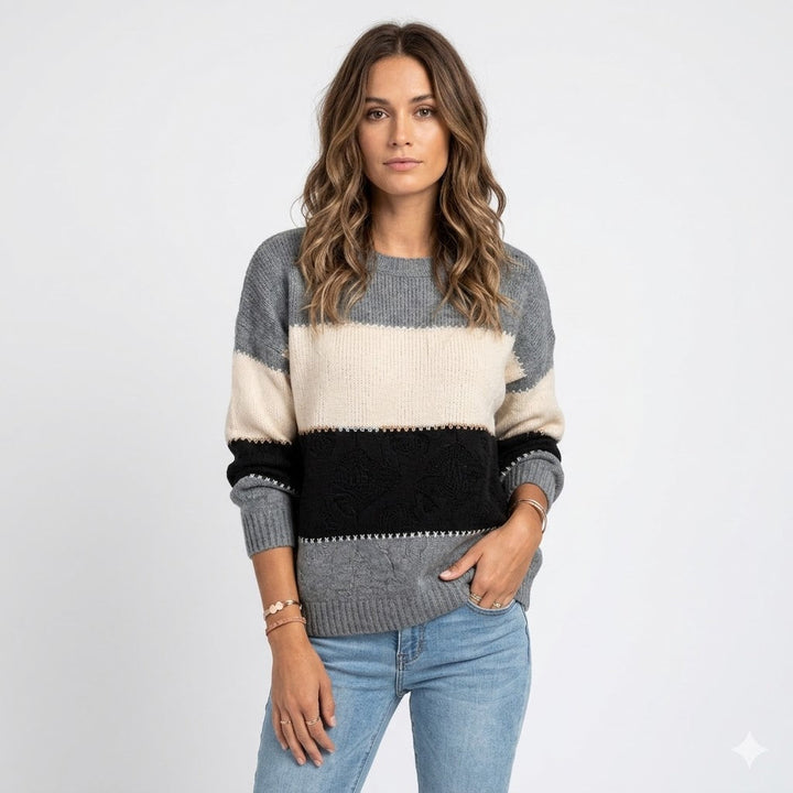 Women's relaxed fit crew neck sweater with ribbed cuffs. Ideal for cozy fall & winter everyday wear.