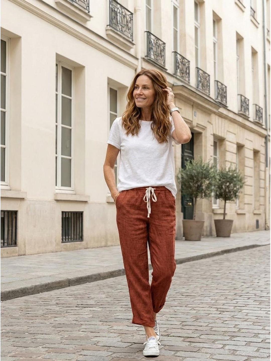 Women's summer travel pants, relaxed fit, cuffed hem, and comfortable elastic waist.
