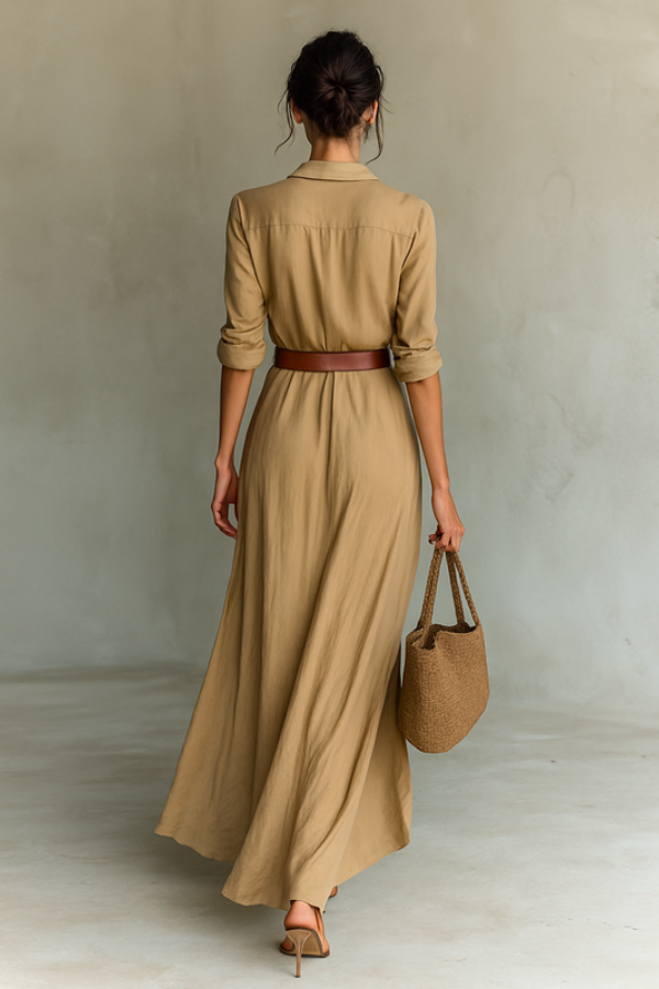 Model wearing a comfortable women's relaxed everyday maxi dress, showcasing its elegant flowy design for versatile fashion.
