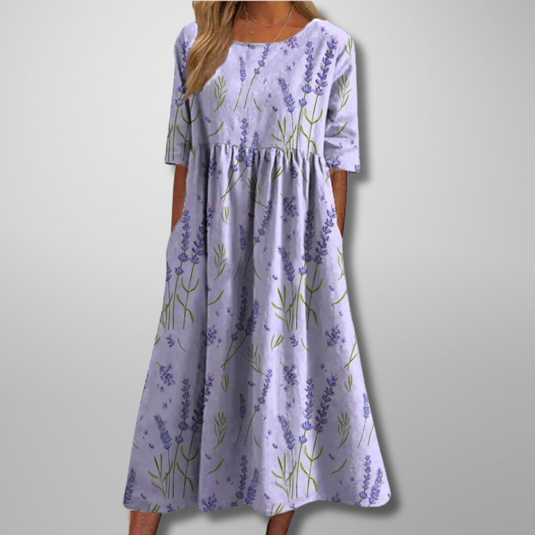 Comfortable women's floral midi dress with a relaxed fit, versatile for spring and summer.