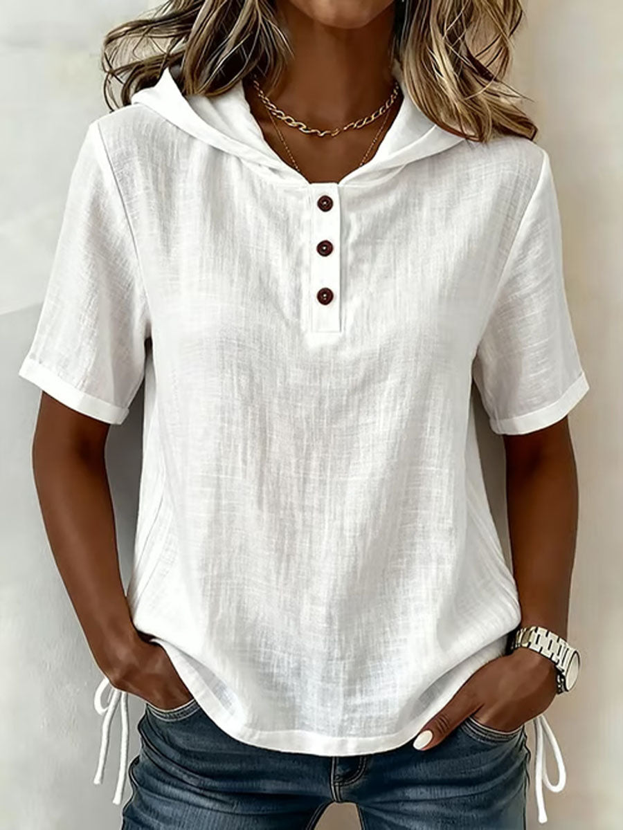 Women's relaxed fit hooded button-up shirt, ideal for casual spring and summer outfits.