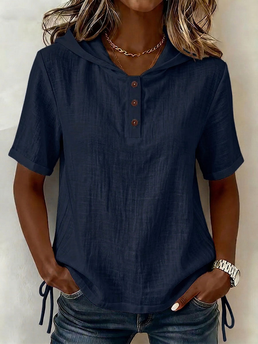 Lightweight women's relaxed fit hooded shirt, button-front, for casual spring and summer style.