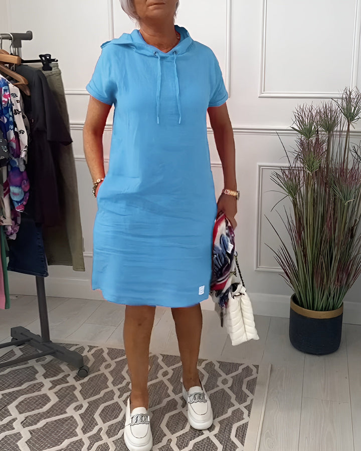 Versatile women's hoodie midi dress, relaxed fit, great for summer & comfortable daily wear.
