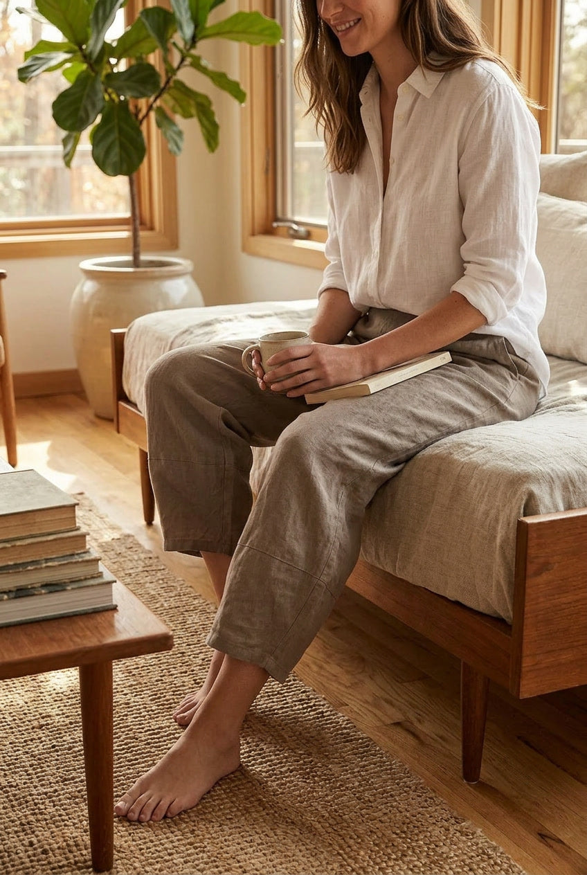 Chic women's loose fit linen pants, ideal for summer fashion & versatile casual outfits.