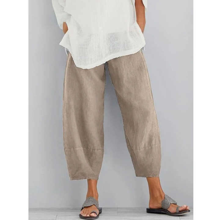 Versatile women's relaxed fit linen pants, great for effortless style & casual comfort.