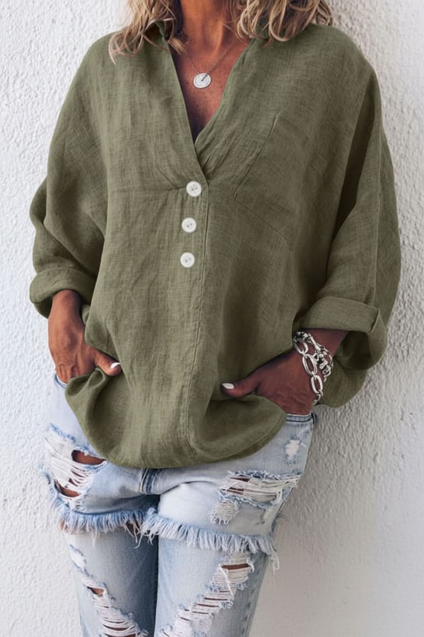 Relaxed fit long sleeve women's open back top in a casual blouse style, ideal for versatile summer fashion.