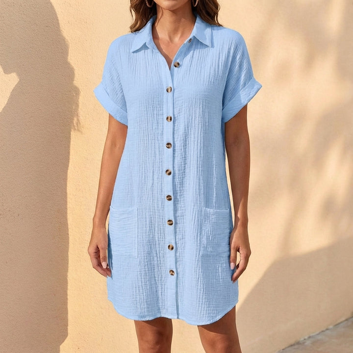 Chic women's summer midi shirt dress. Button-front, short cuffed sleeves. Perfect warm weather, casual day wear.