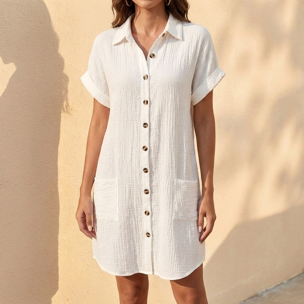 Full length view of a comfortable women's relaxed fit midi shirt dress. Collared, short cuffed sleeves, button front.