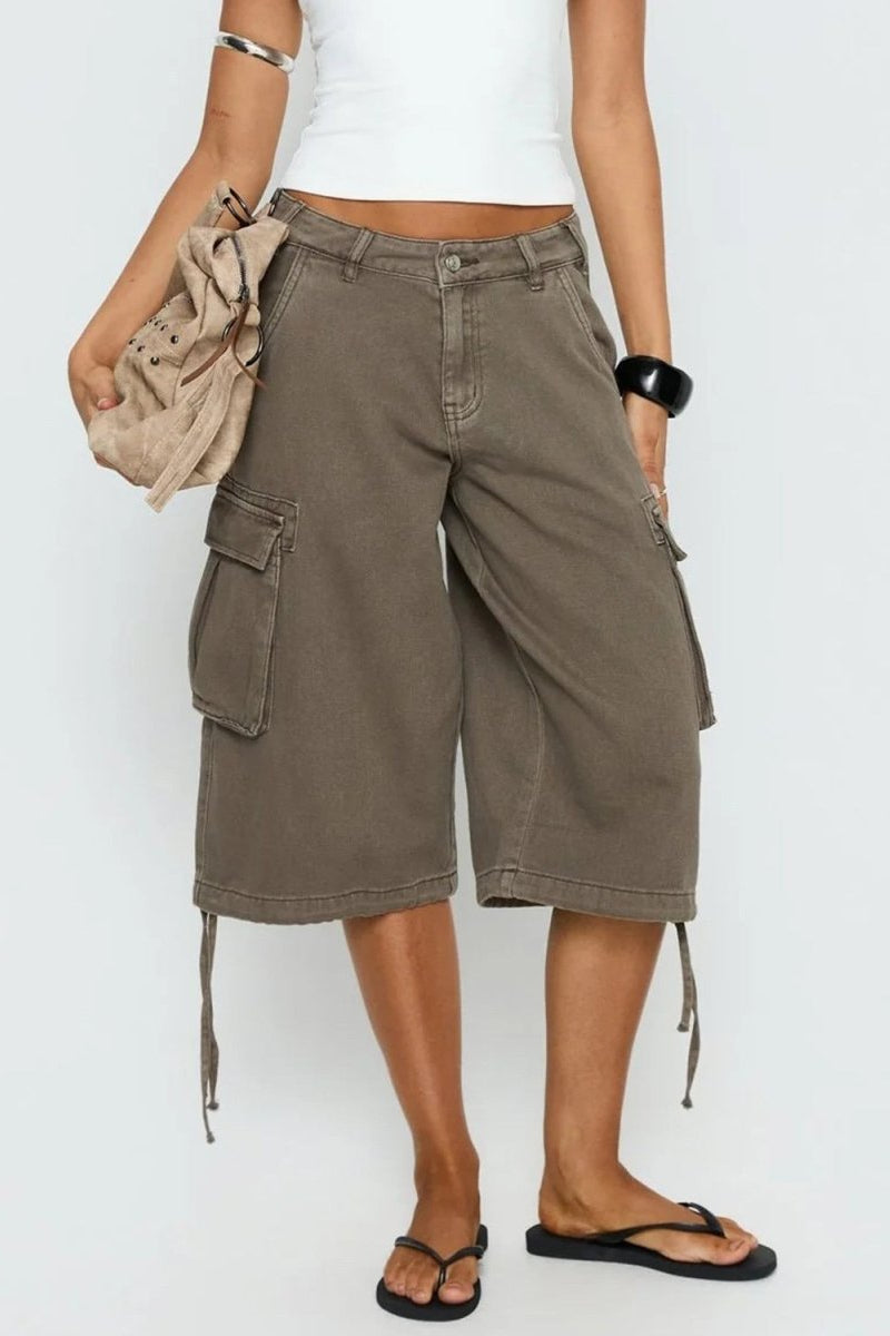 Model wearing stylish mocha relaxed cargo capris, mid-calf length, ideal comfortable summer bottoms.