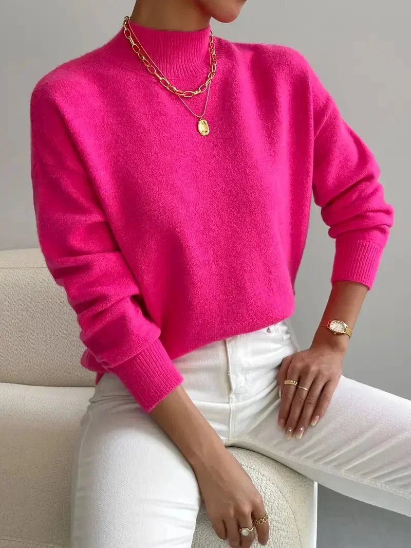 Elegant women's relaxed fit mock turtleneck sweater, long sleeve. Perfect for office, chic casual & winter style.