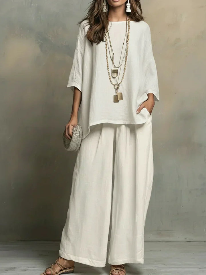 Women's relaxed fit shirt & wide leg pants matching set, ideal for comfortable casual summer outfits.