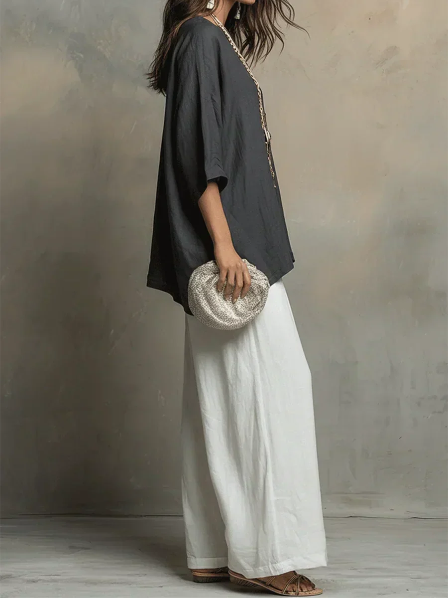 Breathable women's relaxed fit shirt & wide leg pants set, a comfortable two-piece outfit for summer.
