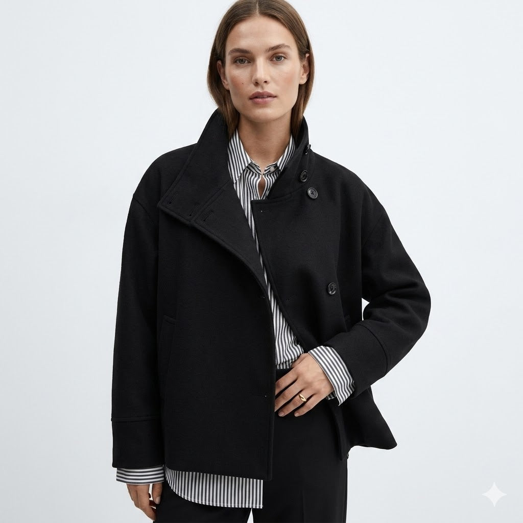 Women's relaxed fit short coat with stylish high neck & convenient button closure, perfect casual outerwear.