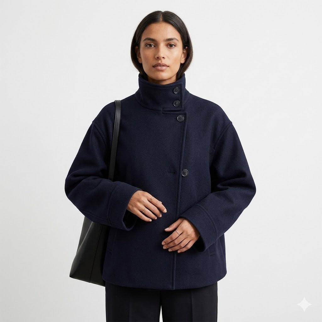 Versatile women's short coat, relaxed fit design. High neck & button closure make it perfect for layering in fall.