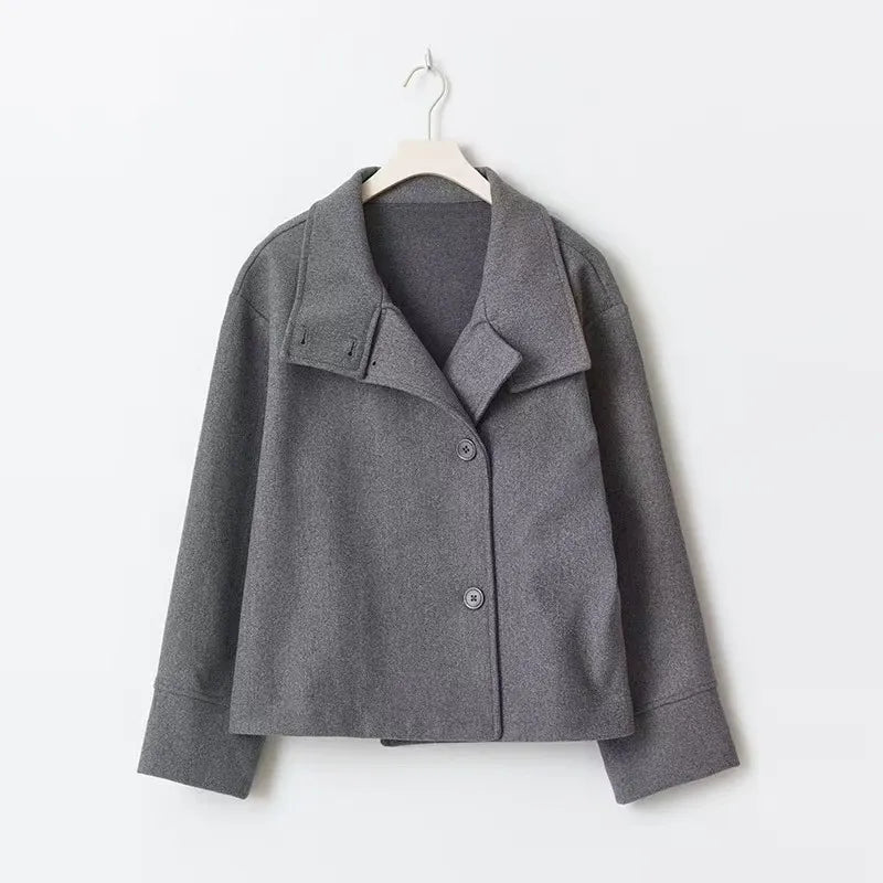 Comfortable women's relaxed fit short coat with high neck & button closure. Great for everyday casual fall fashion.