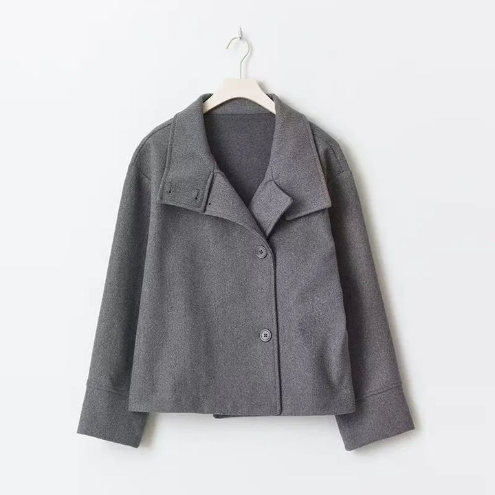 Comfortable women's relaxed fit short coat with high neck & button closure. Great for everyday casual fall fashion.