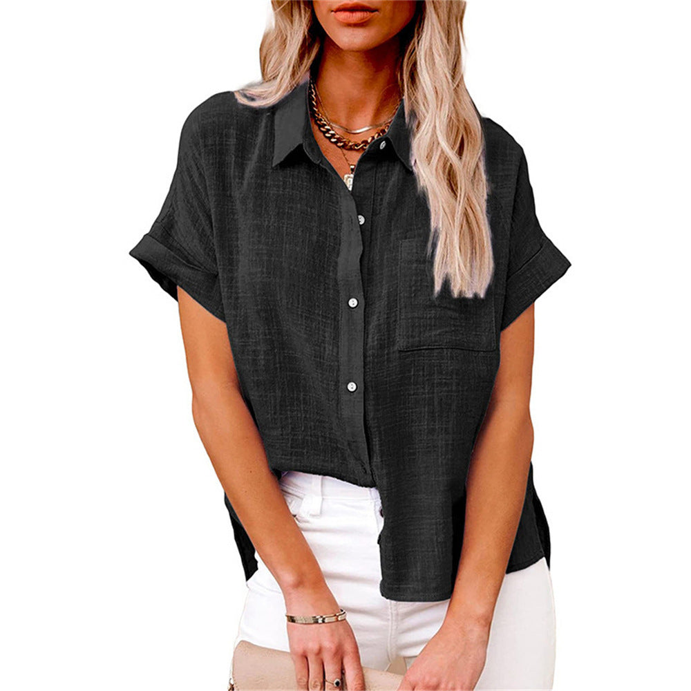 Women's relaxed fit short sleeve button down blouse. Ideal for casual wear & everyday style.