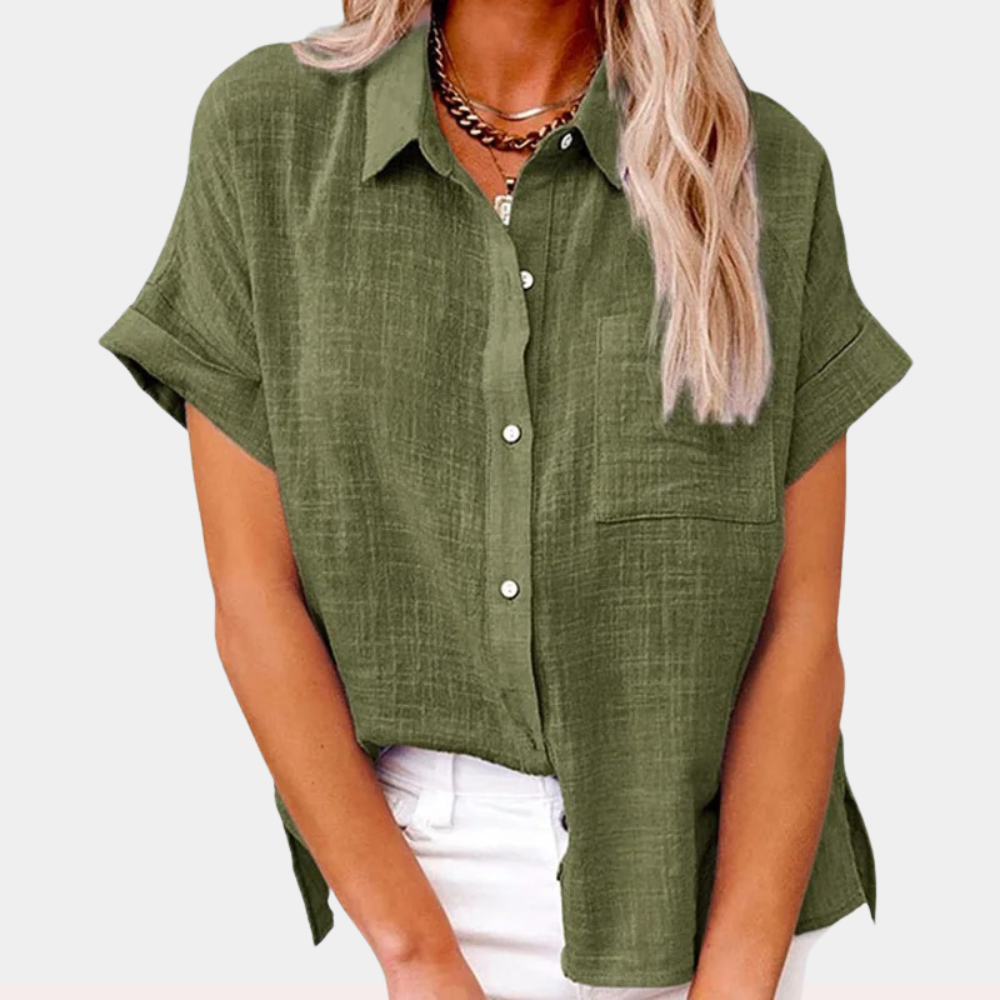 Versatile women's short sleeve button down blouse. Perfect for casual wear, summer, or professional attire.