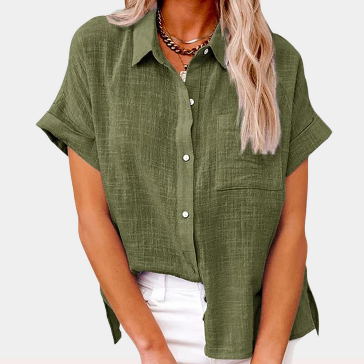 Versatile women's short sleeve button down blouse. Perfect for casual wear, summer, or professional attire.