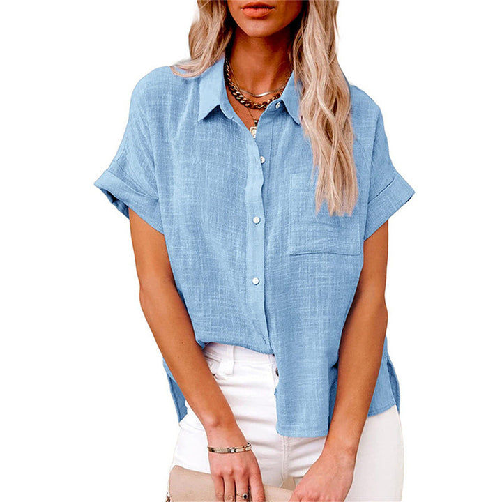 Stylish women's summer top: relaxed fit short sleeve button down blouse. Great for comfort & versatility.
