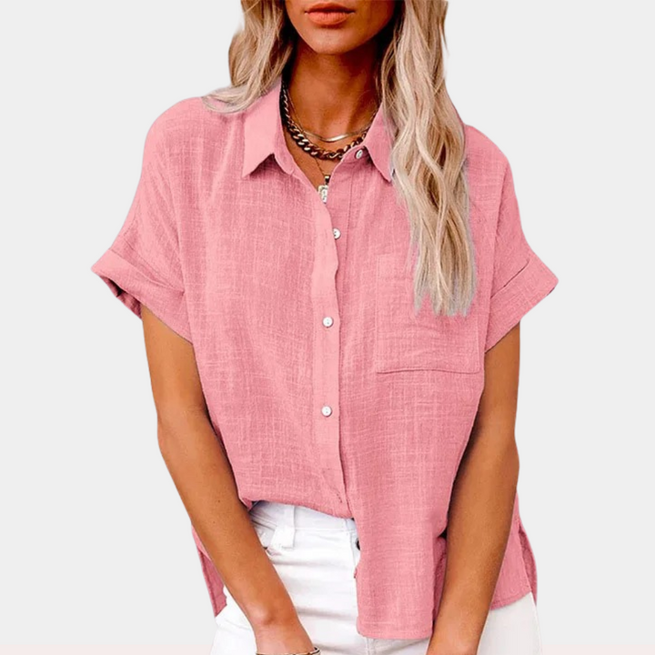 Everyday women's relaxed fit short sleeve button down blouse. A chic & comfortable top for any occasion.
