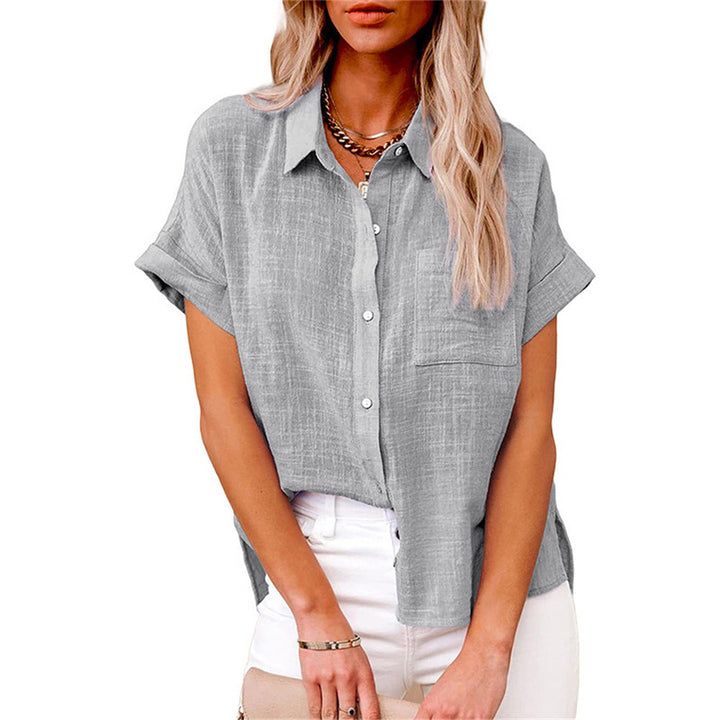 Professional women's short sleeve button down blouse with a relaxed fit. Elegant & comfortable for work.