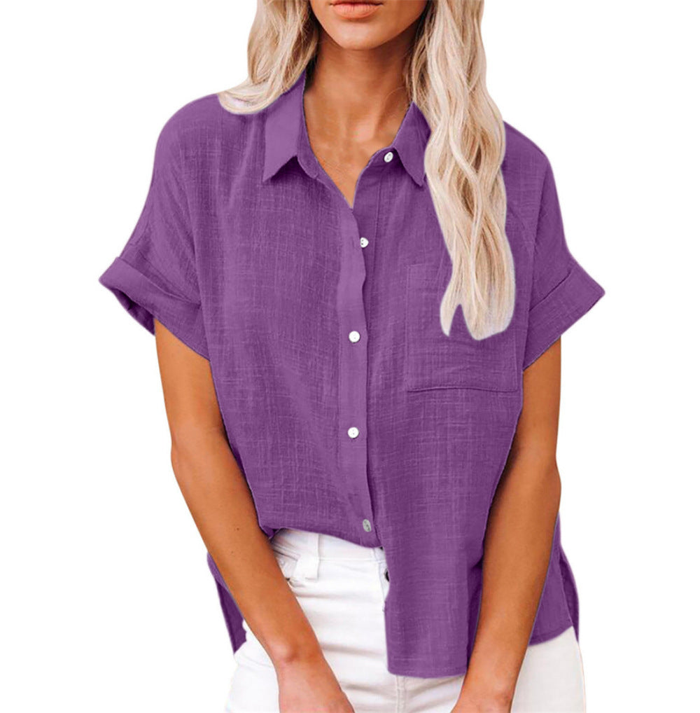 Lightweight women's relaxed fit button down blouse. Short sleeve top perfect for summer & casual fashion.