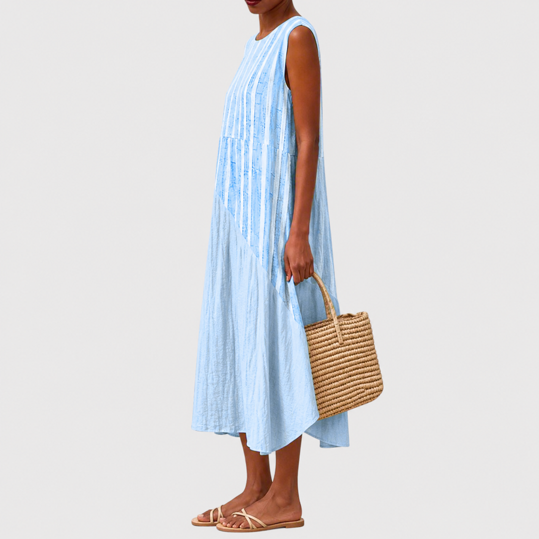 Comfortable women's sleeveless knee-length casual dress, relaxed fit, great for everyday spring and summer.