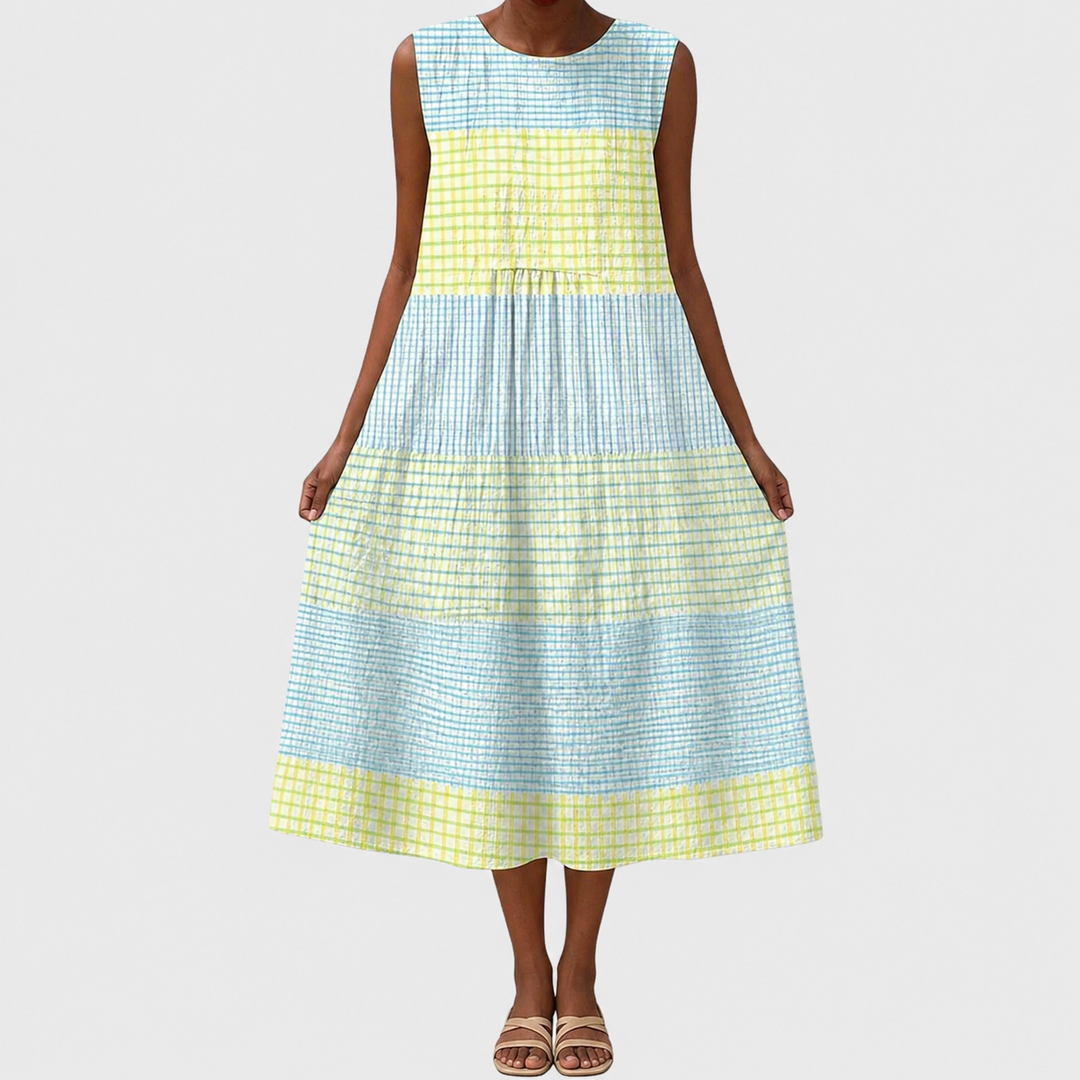 Casual knee-length women's dress, sleeveless & relaxed fit. Ideal for spring/summer comfort and versatility.