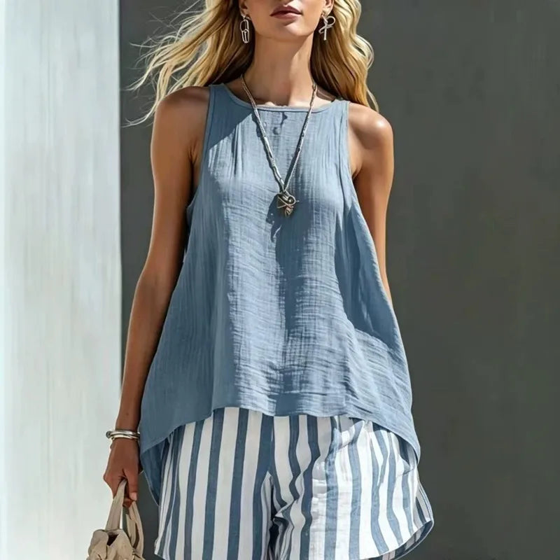 Women's relaxed fit sleeveless tank & striped shorts set, perfect for summer casual wear or beach vacation.