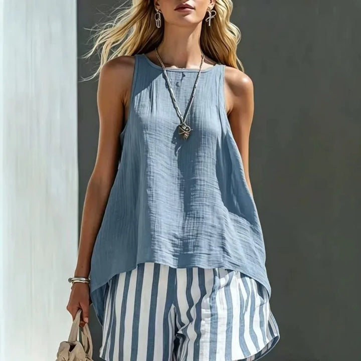Women's relaxed fit sleeveless tank & striped shorts set, perfect for summer casual wear or beach vacation.