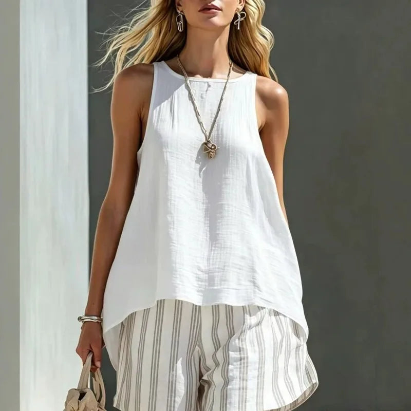 Trendy women's sleeveless tank and comfy striped shorts two-piece set, perfect for beach trips & vacation.