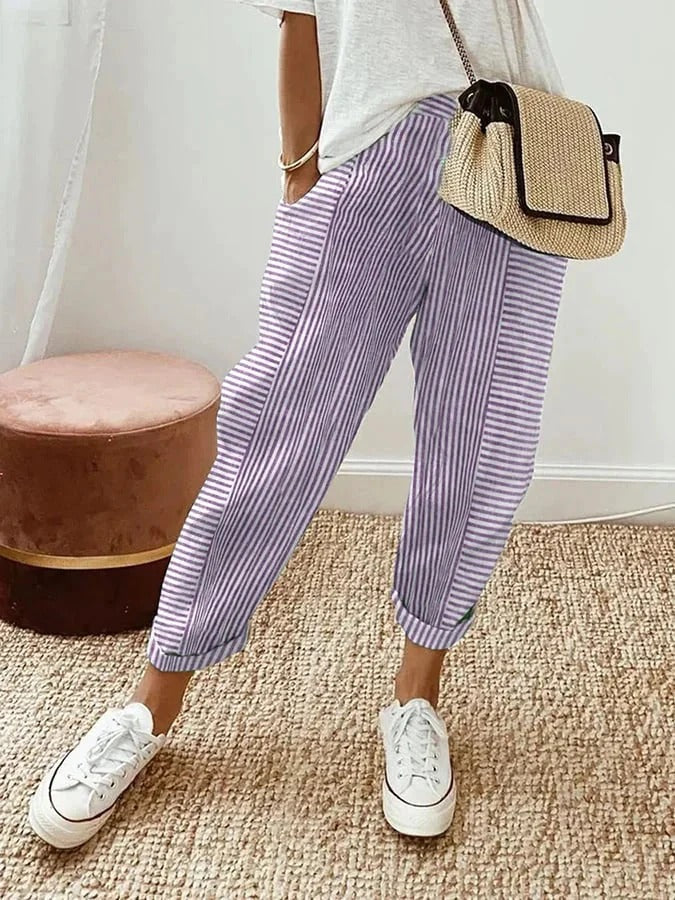 Versatile women's straight leg striped trousers, featuring a comfy drawstring for casual style.