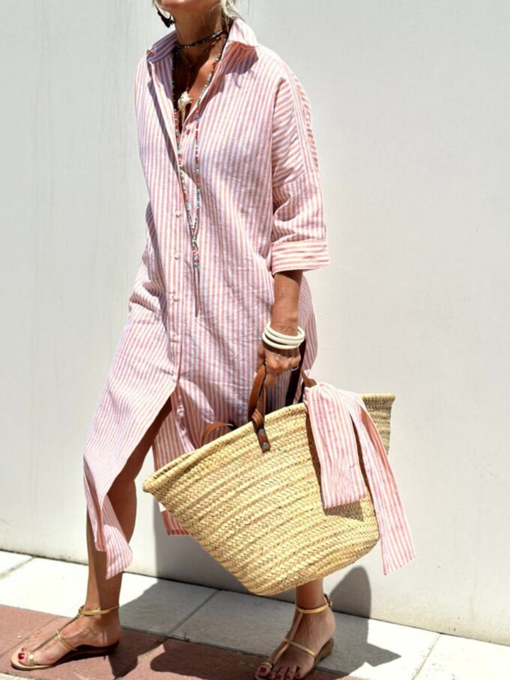 Women's relaxed fit striped midi shirt dress with button front, perfect for casual summer wear or vacation.