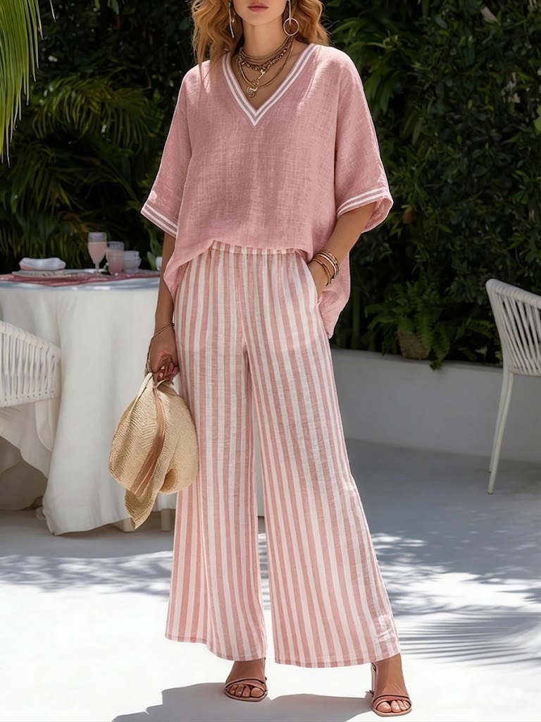 Women's relaxed fit striped two-piece shirt and wide leg pants set with a V-neck, perfect for casual summer wear.