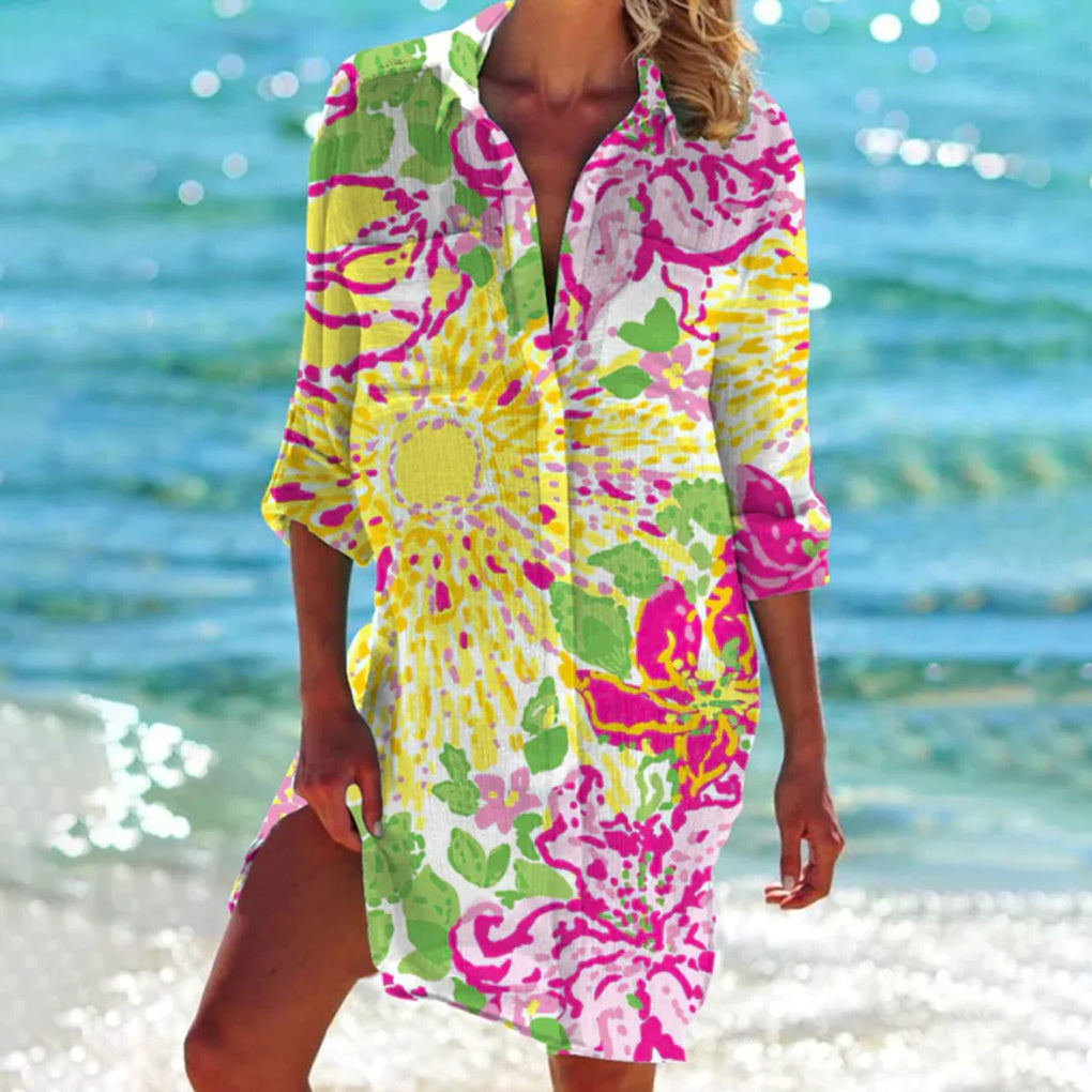 Minimalist women's summer shirt, wide neckline, great for versatile casual and beach wear.