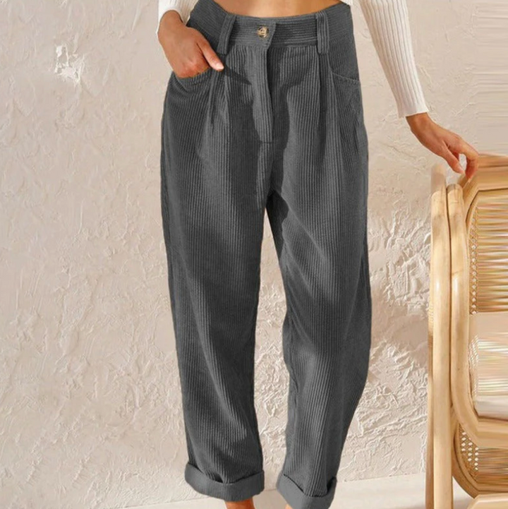 Chic modern women's bottoms; relaxed fit full-length pants for comfortable wear.