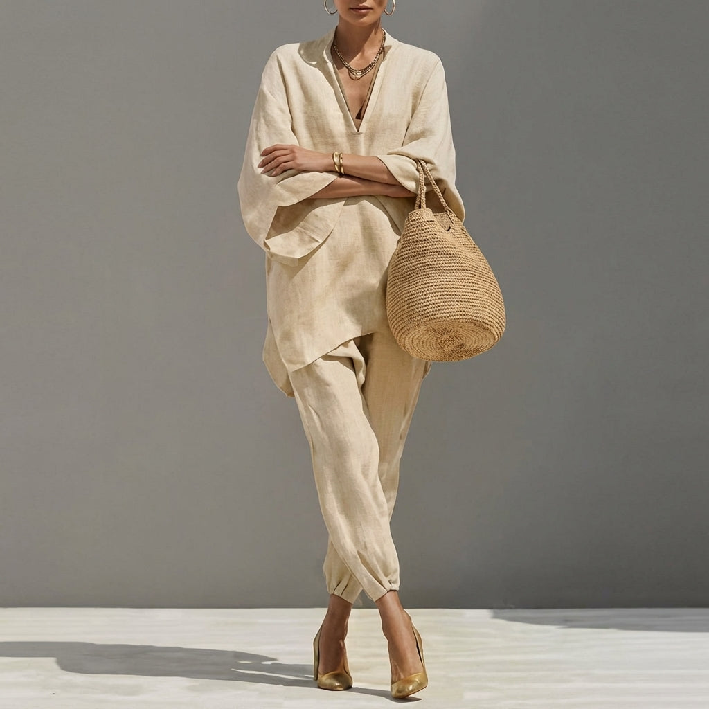 Elegant women's matching set: relaxed tunic top & tapered pants. Perfect for vacation wear.