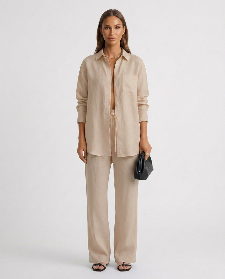 Women's relaxed fit two piece lounge set, perfect for comfortable casual wear & effortless style.