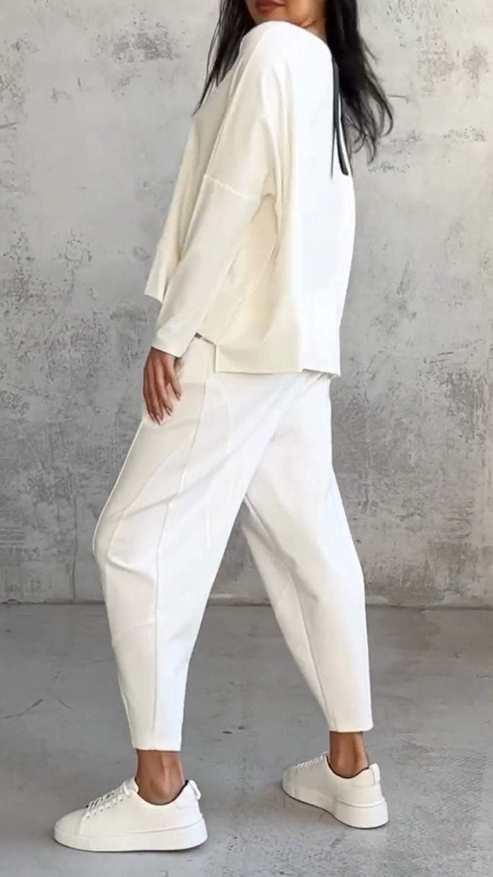 Model wearing a comfortable women's relaxed fit loungewear set, suitable for casual wear.