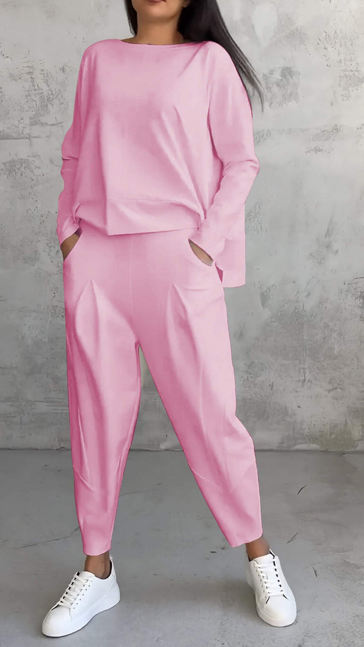 Close-up of a women's relaxed loungewear set, highlighting its soft texture and casual elegance.